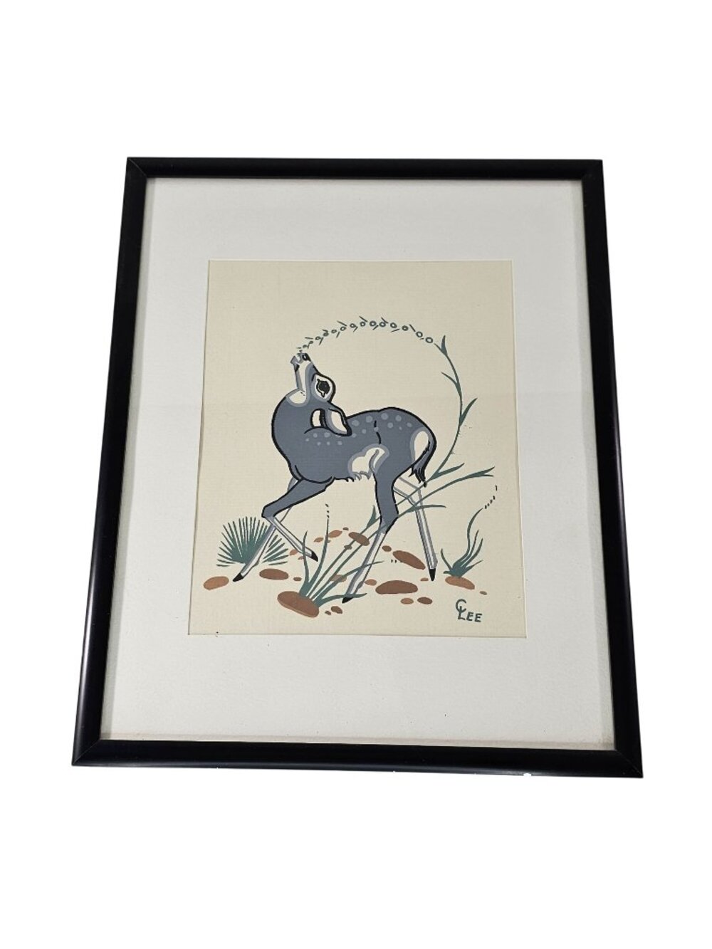 Gouache Painting Of Deer By Navajo Artist Charles Lee Framed Matted 8.5x10.5